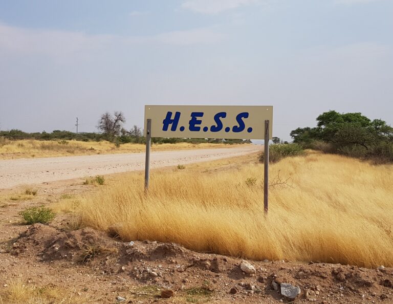 Sign marking the entrance road leading to the H.E.S.S. telescopes. Image credit: Sylvia Zhu